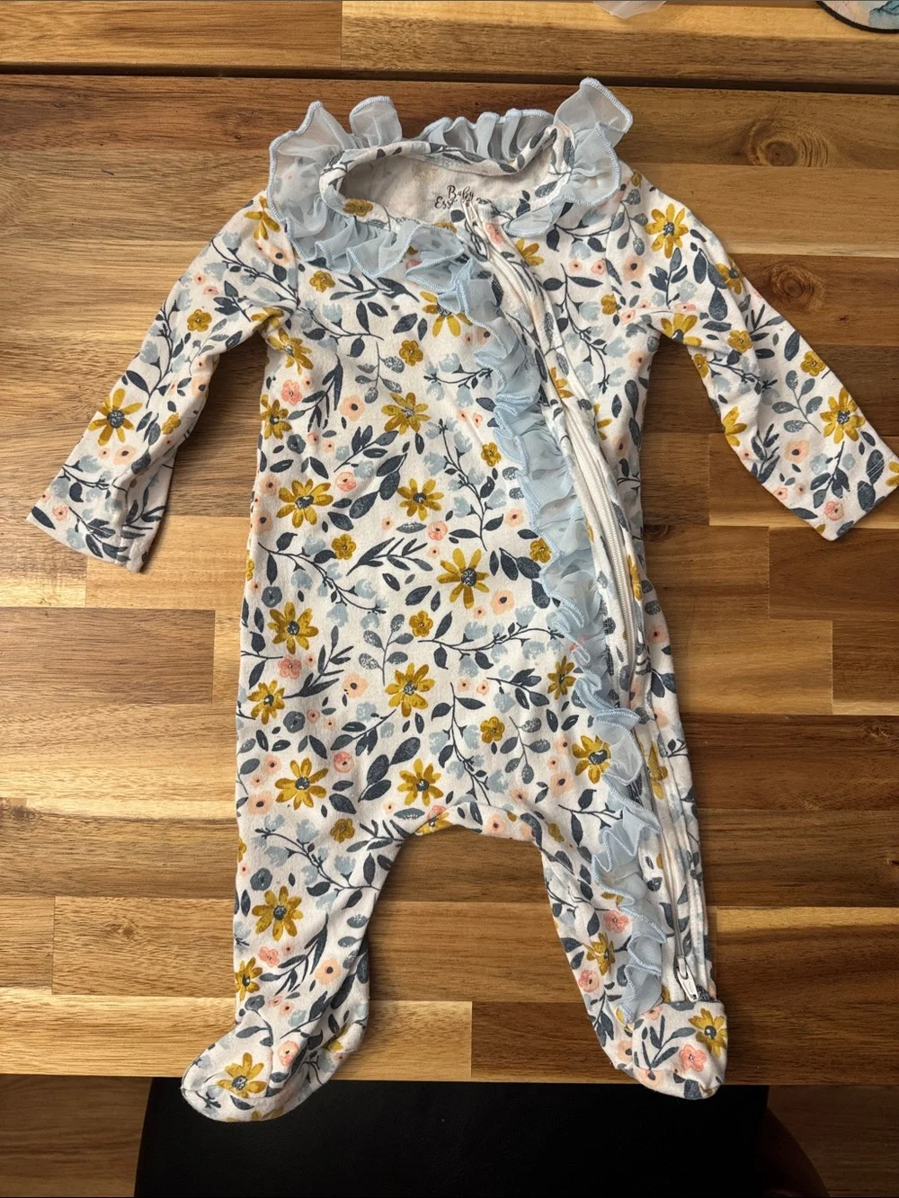 Baby Essentials Floral Ruffle Footed One-Piece Romper - White, Yellow & Blue